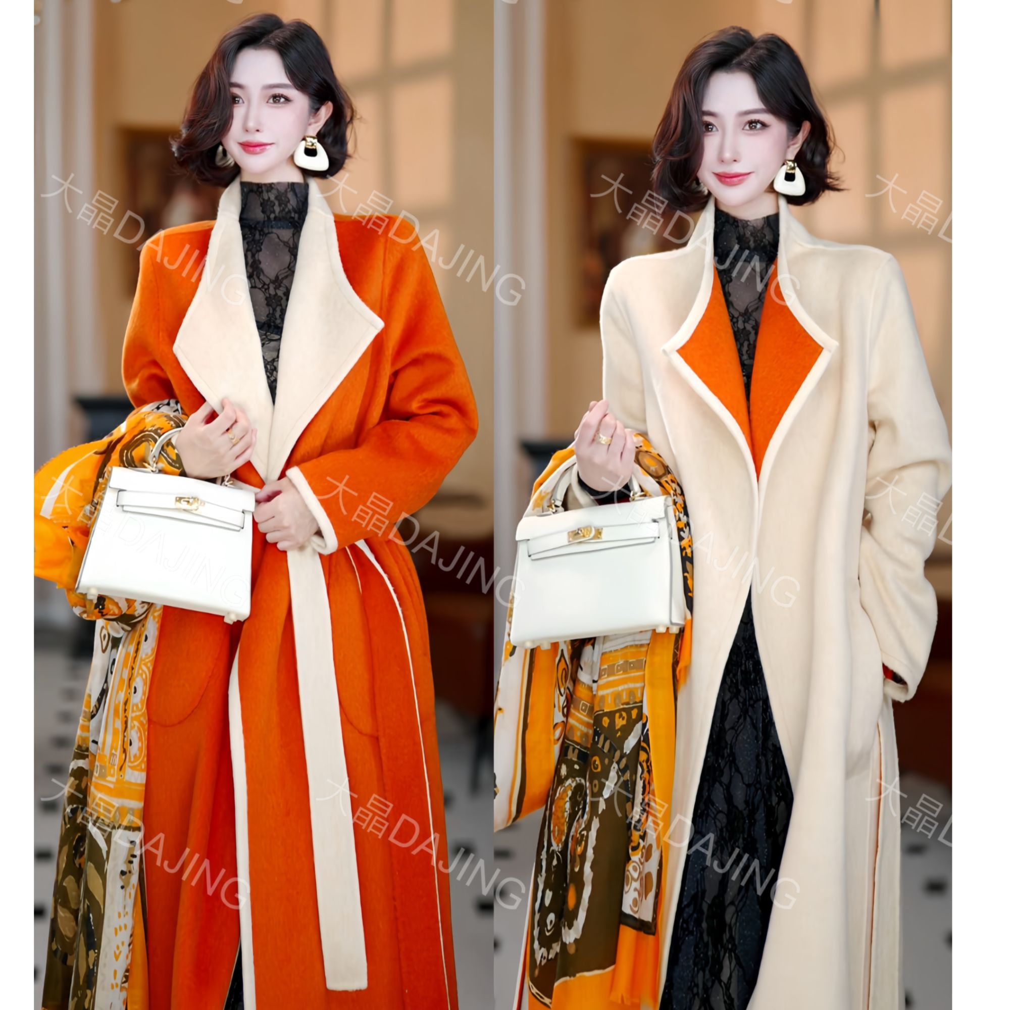 【大晶定制】“暖光橙调”T新款橙白双色纯羊毛双面可穿系带大衣DJ304