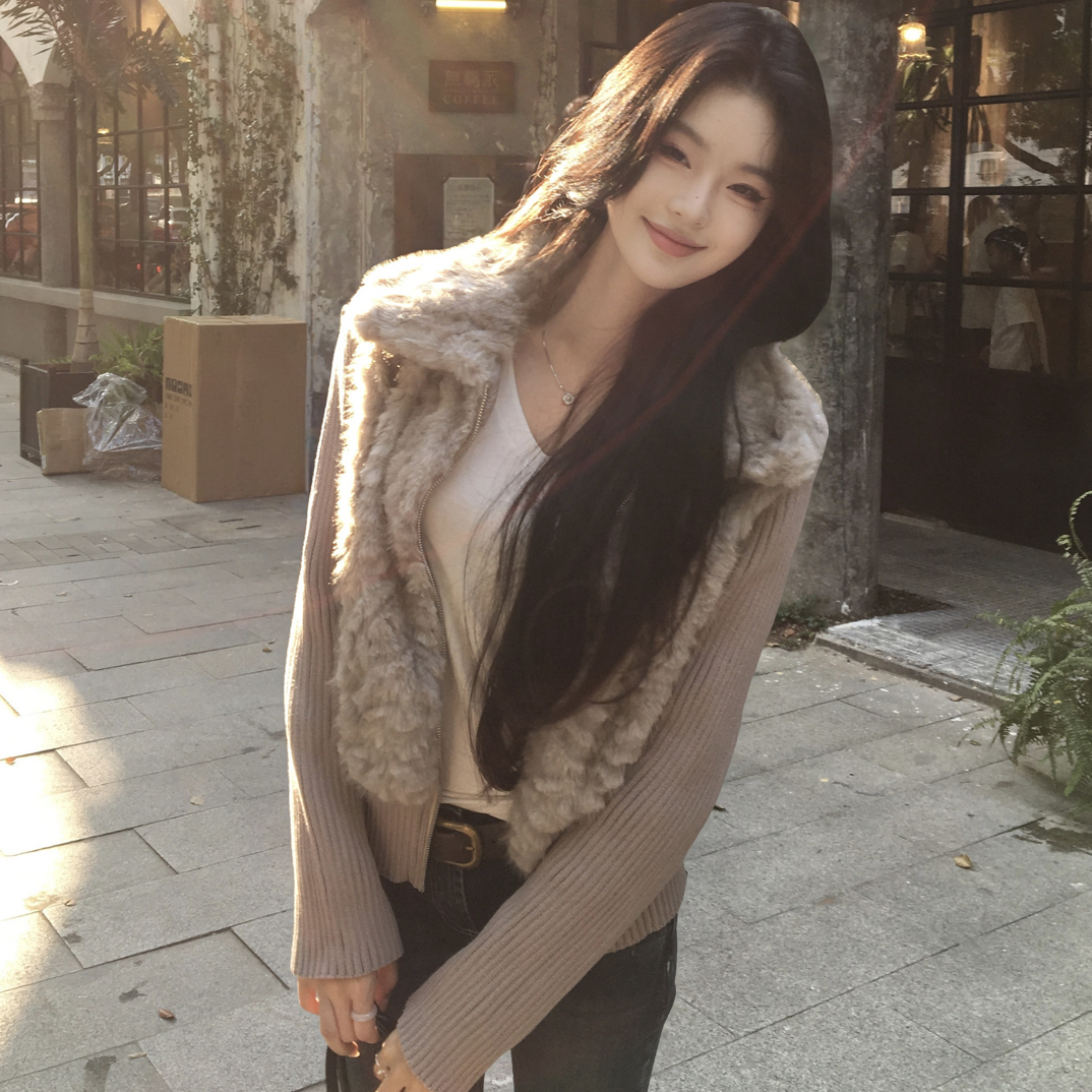 复古针织拼接环保毛毛外套女秋冬季小众假两件毛毛高级感外套