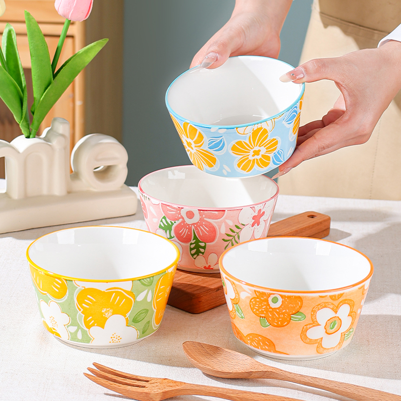 孟垣花漾年华陶瓷4个装4.7英寸家用米饭碗创意吃饭碗餐具网红