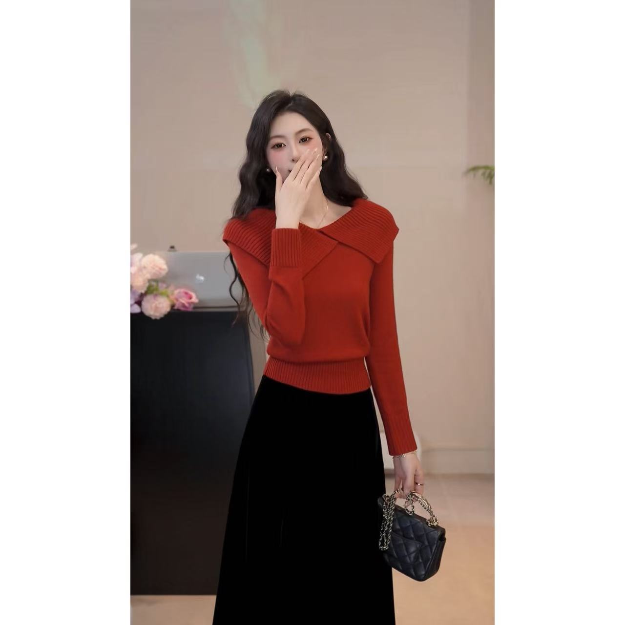 YUANLIANSU/圆脸酥【慢调生活】法式百搭气质大翻领针织衫女秋冬款