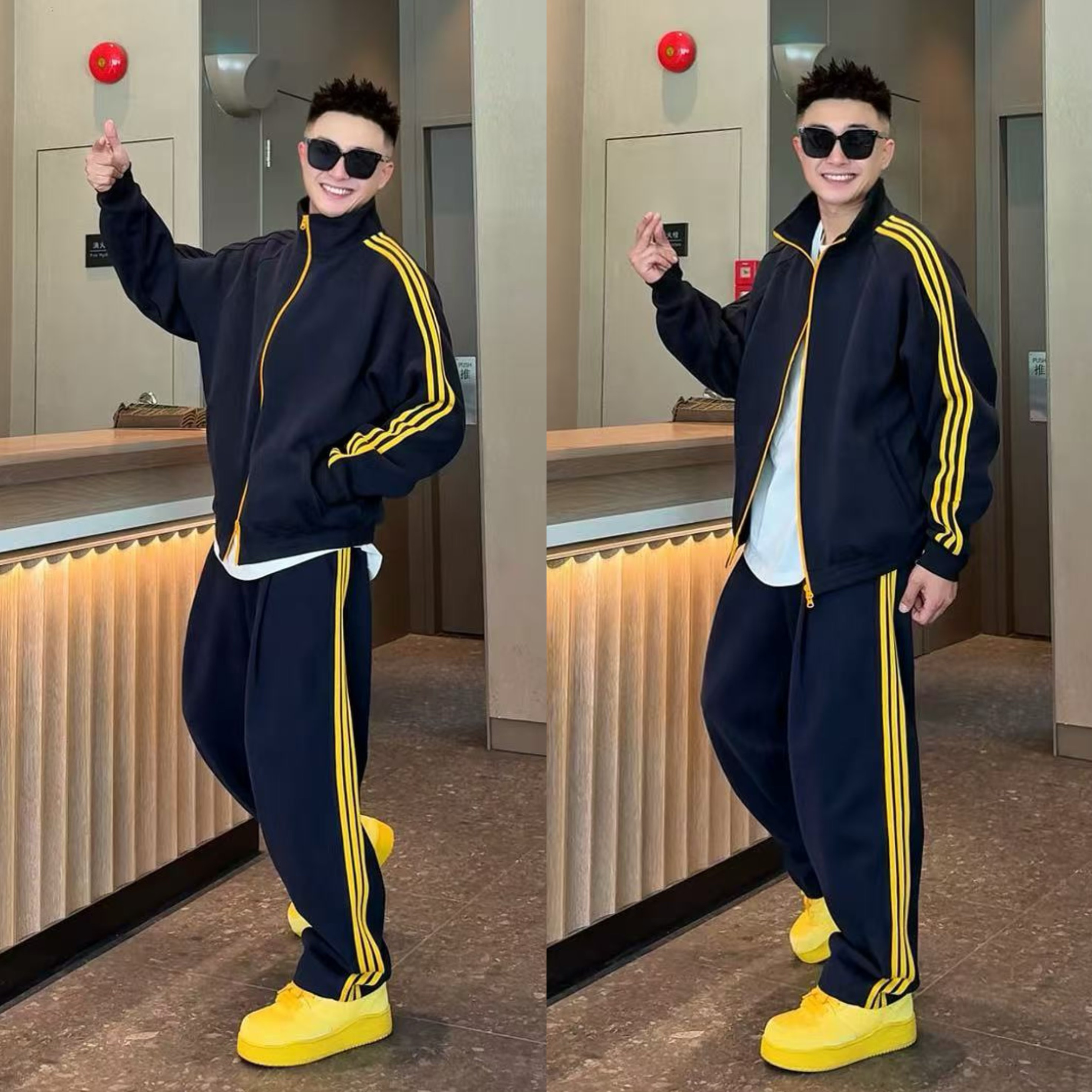 高档条纹织带休闲运动套装男士秋季新款立领外套直筒裤宽松两件套