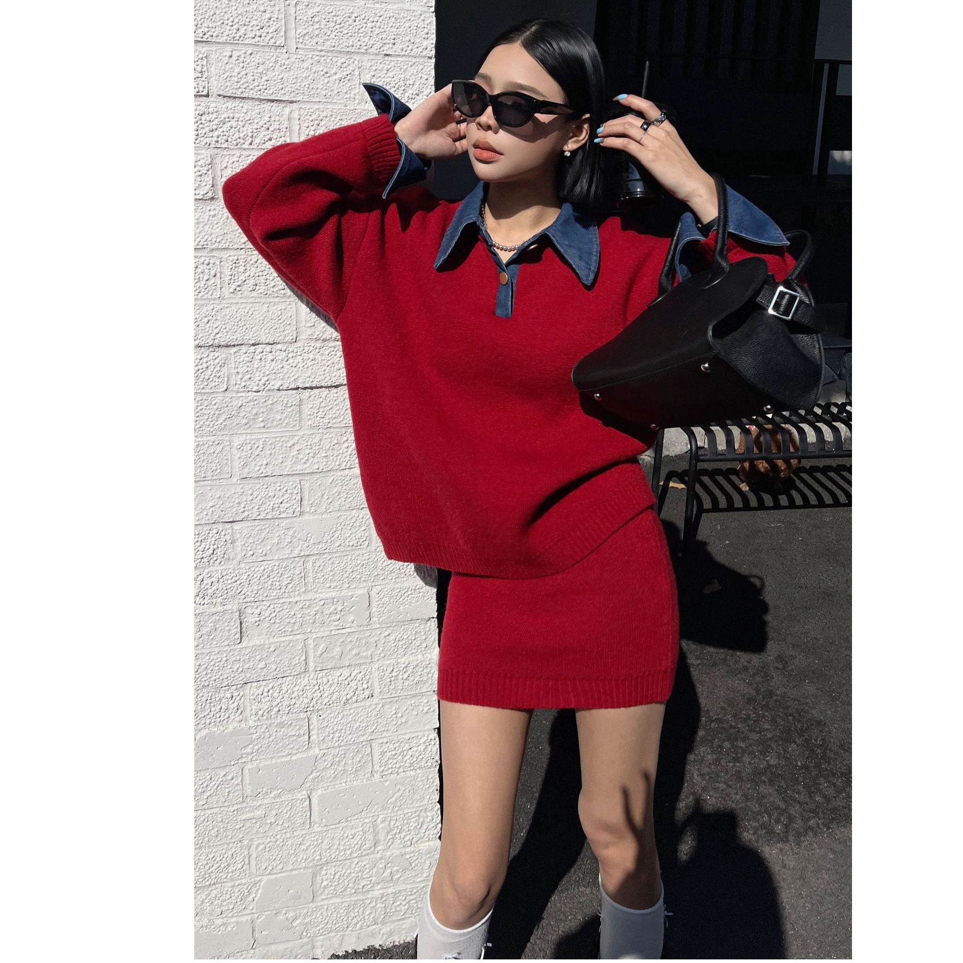 学院风极简风时尚套装秋冬高领翻领拼接牛仔领韩版时尚短裙两件套