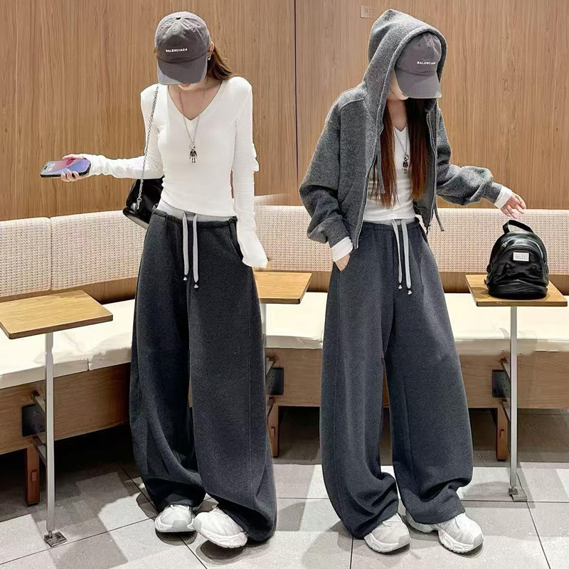 好质量女士新款裤子撞色加绒弯刀裤女秋冬显瘦加厚卫裤休闲运动裤