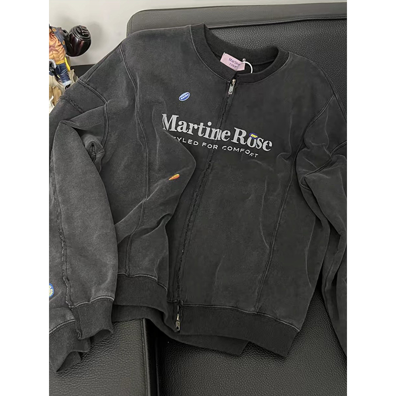 水洗做旧灰色圆领夹克男秋季设计感拼接拉链外套美式复古开衫卫衣