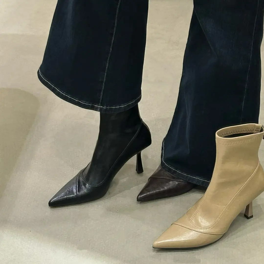 韩版软皮显瘦细跟尖头女靴短筒高跟鞋时装靴后拉链法式瘦瘦女短靴