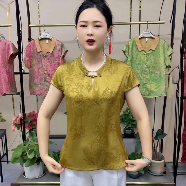 中老年妈妈夏真丝富贵竹提花上衣短袖旗袍衫宽松遮肉洋派T恤小衫