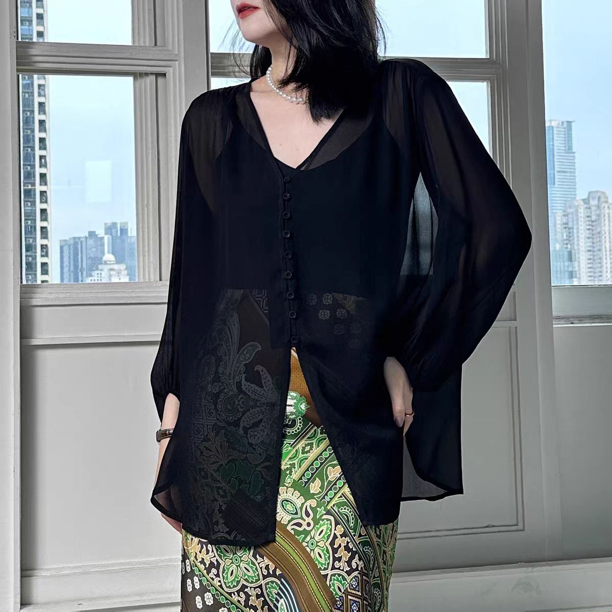 025夏季新款慵懒风微透防晒衬衫女显瘦百搭中长上衣