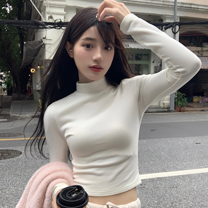 洋气白色半高领打底衫女秋冬内搭修身显瘦百搭短款长袖t恤上衣潮