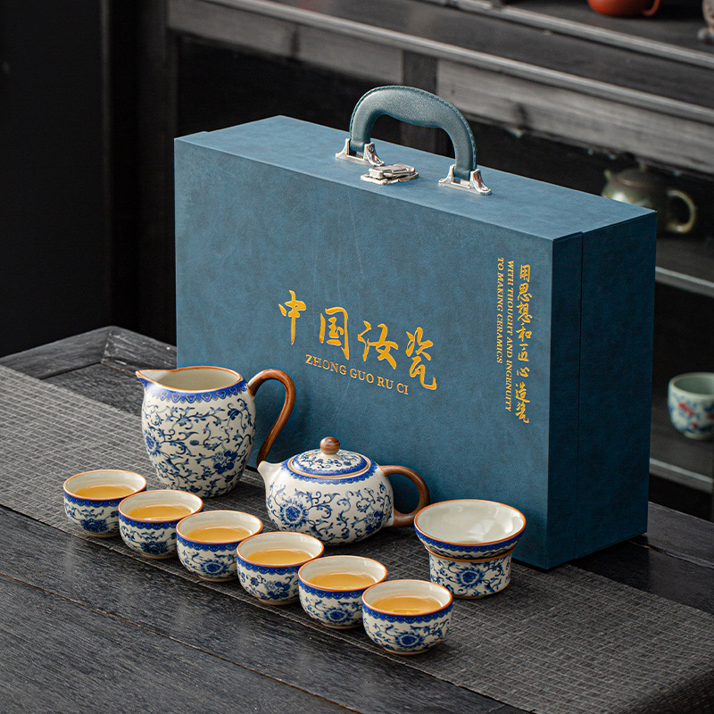 汝窑青花茶具套装陶瓷功夫茶壶茶具实用轻奢家用盖碗茶杯整套礼盒