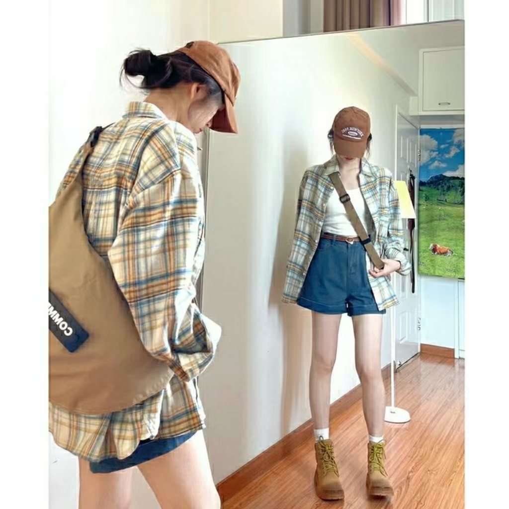 现货秋季百搭新款格子长袖女士衬衫休闲宽松韩版设计感衬衣外穿