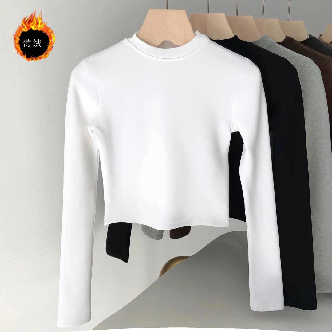 秋冬加绒加厚圆领长袖女T恤修身短款简约气质短款上衣内搭打底衫