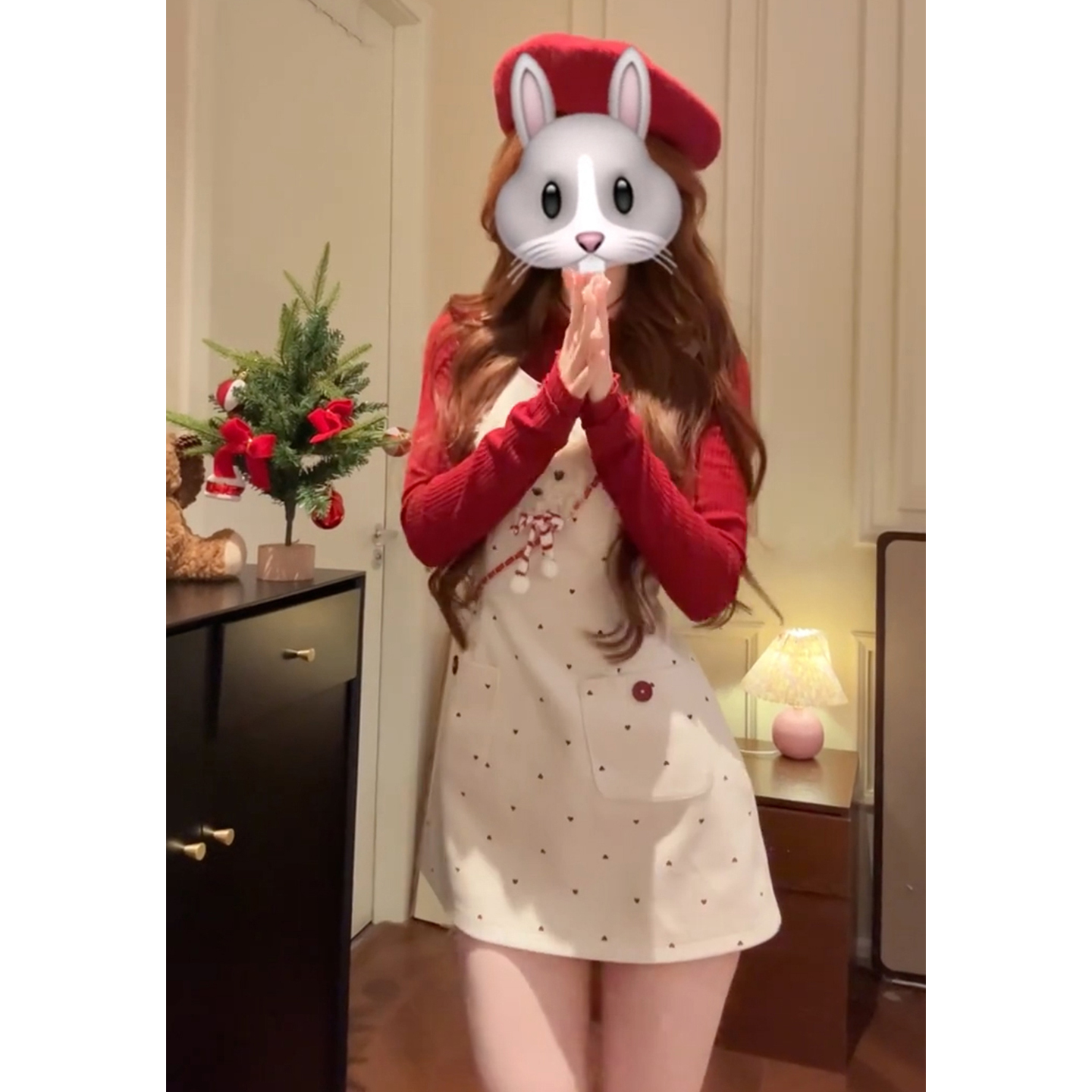 2026新款圣诞穿搭红色高领内搭背带连衣裙子秋冬a字收腰短裙套装