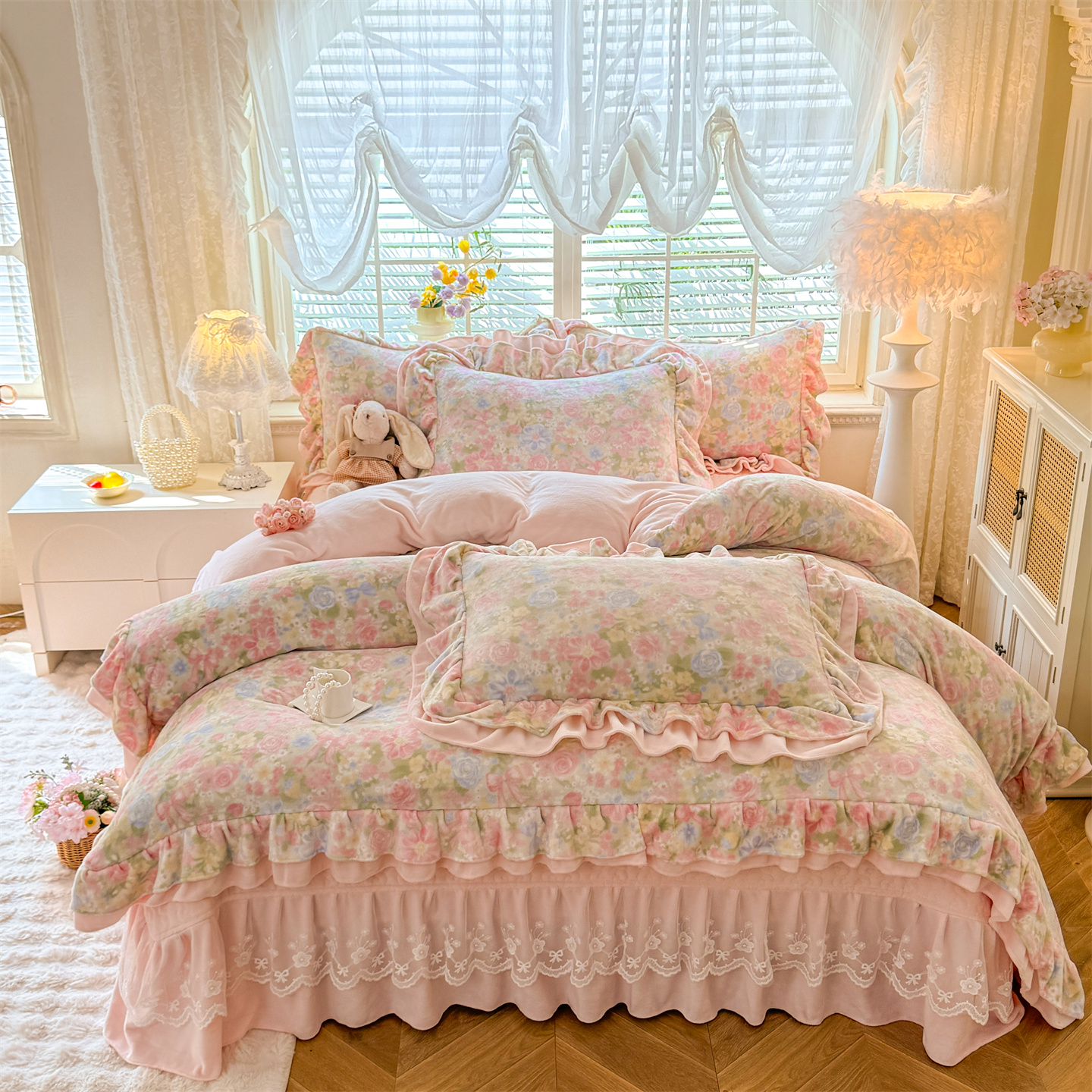 【床盖牛奶绒】A类加厚保暖床单蕾丝花边无静电四件套高克重防滑