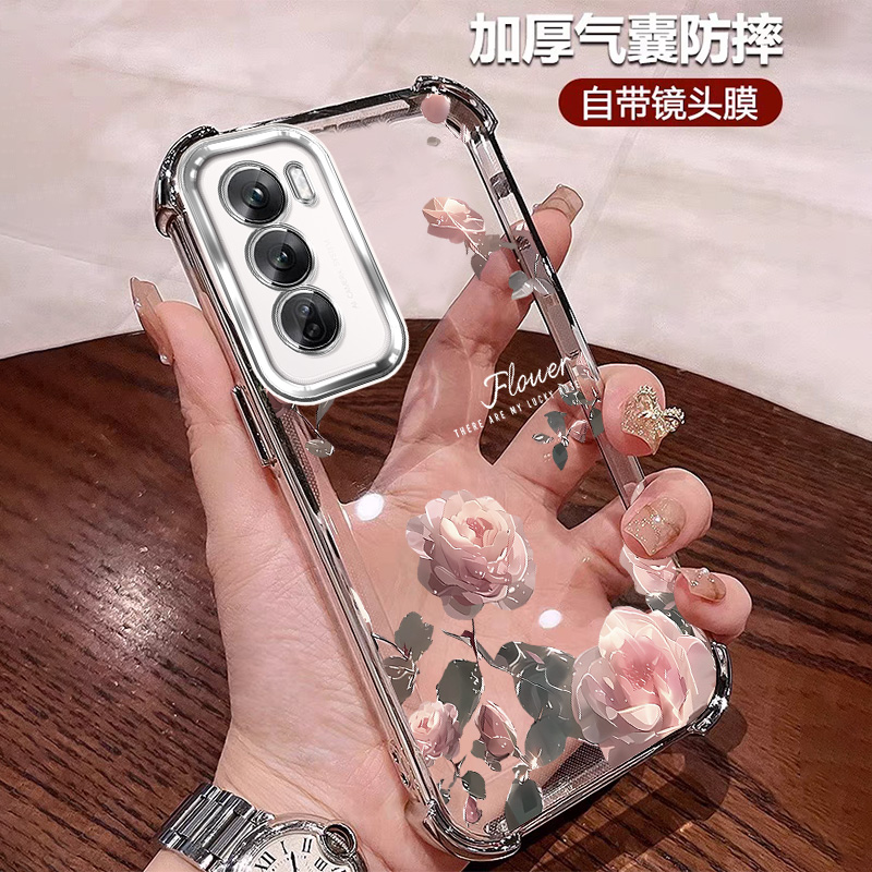 小众玫瑰花适用opporeno12手机壳软硅胶防摔气囊pro全包镜头膜ins