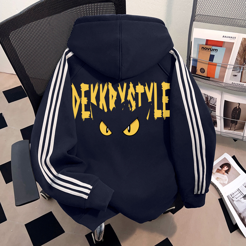 Dekkry潮牌高街恶魔之眼印花秋冬三条杠连帽加绒男女款藏青色卫衣