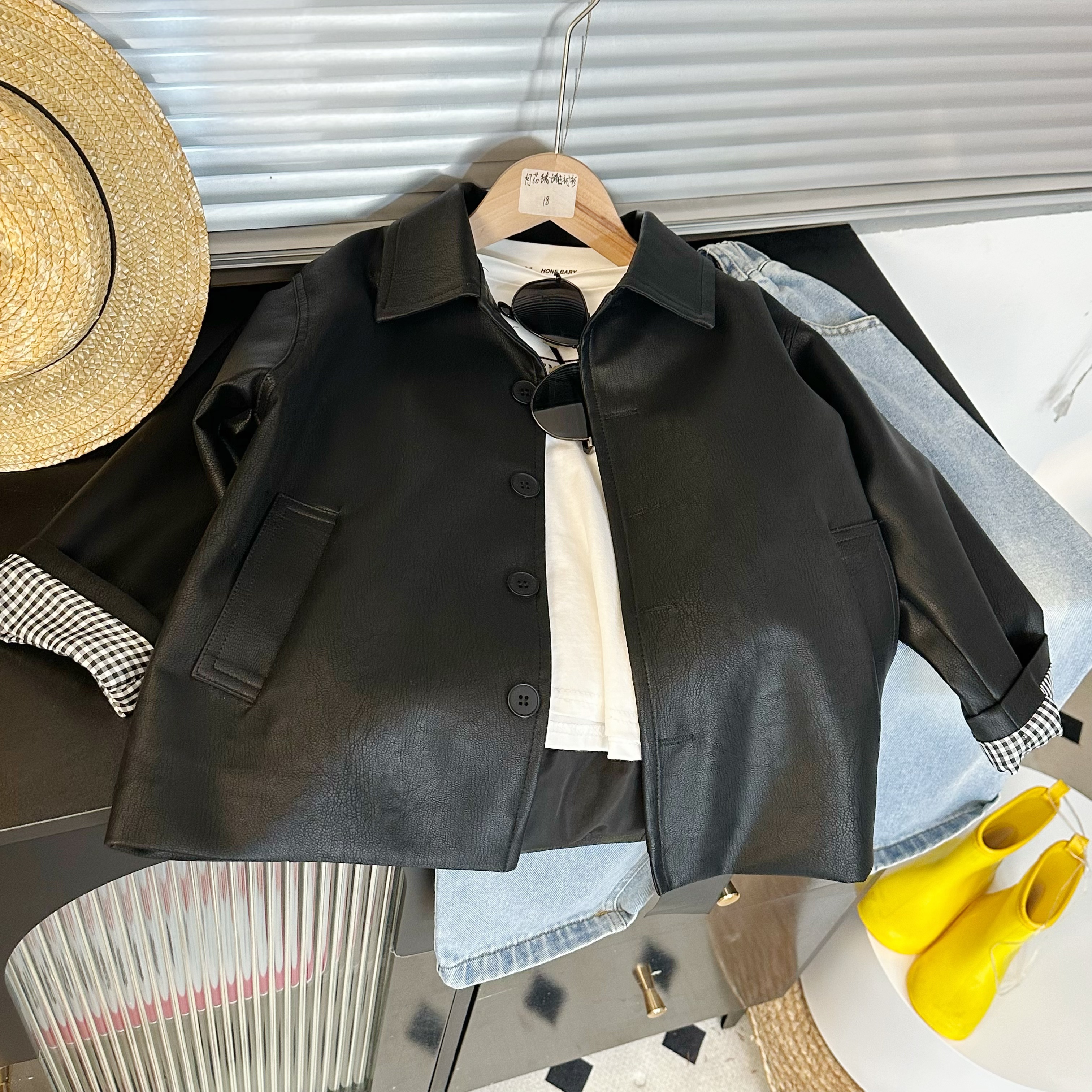 <亲子装>童装男童女童皮衣春秋装儿童秋季新款皮衣黑色外套