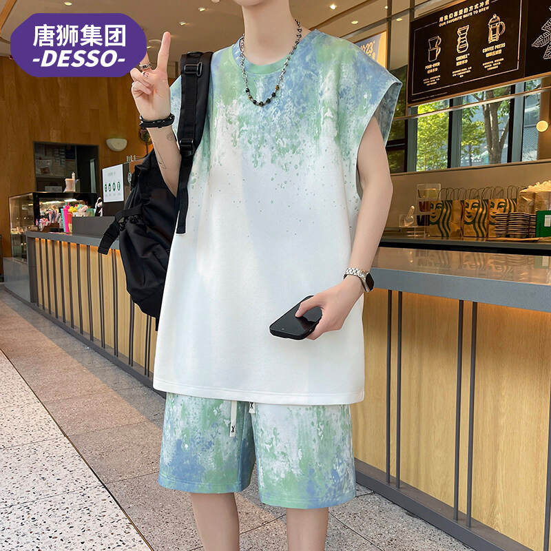 唐狮集团DESSO扎染冰丝运动套装男夏季短袖男生薄款两件套篮球服