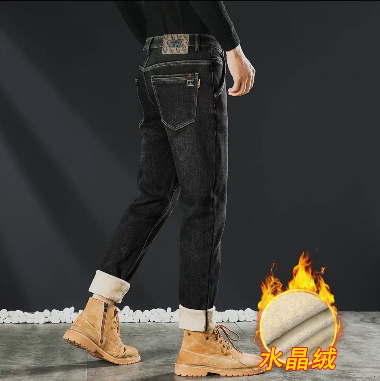 冬款加绒爆款2025男士牛仔裤子修身直筒弹力休闲百搭显瘦宽松高档