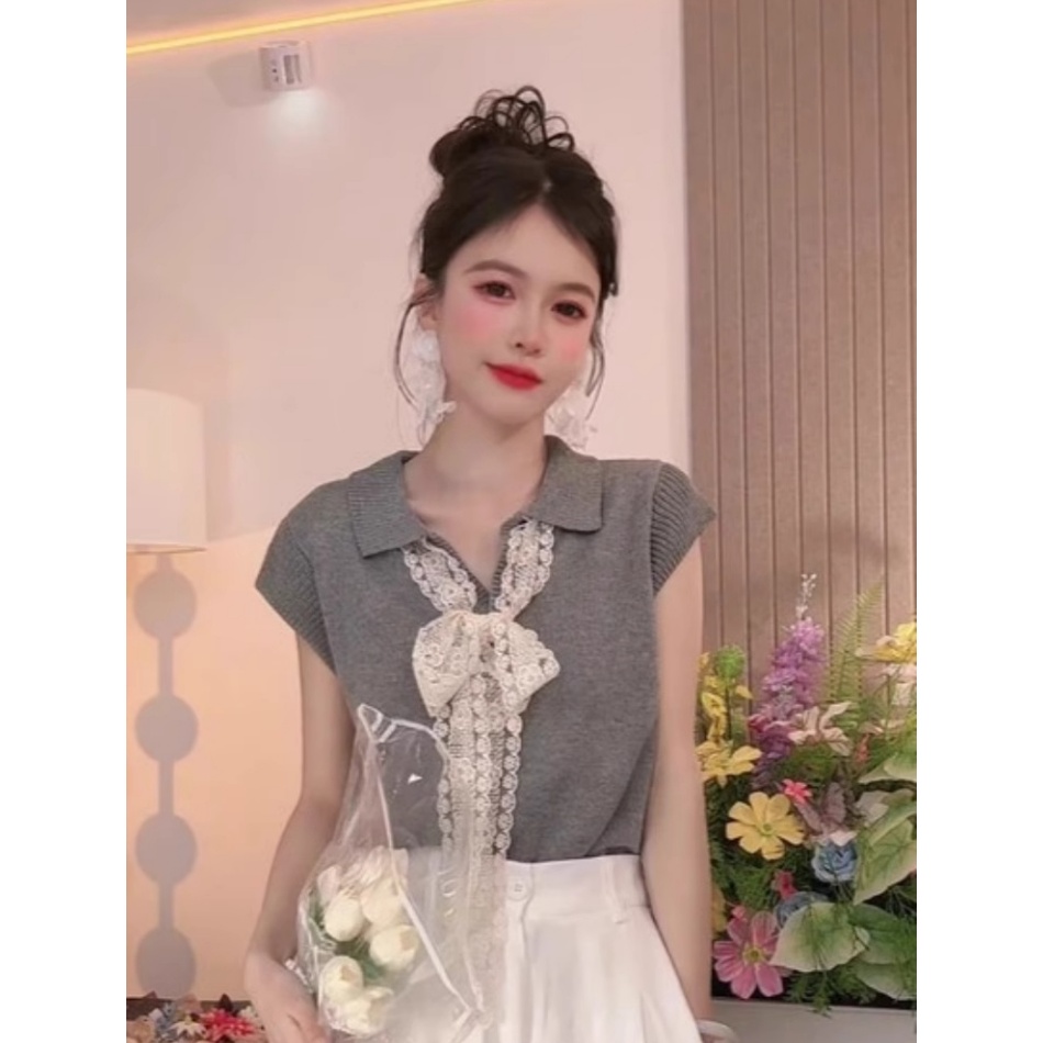 翻领法式蕾丝飘带短袖针织衫女士夏季新款小飞袖绝美气质上衣