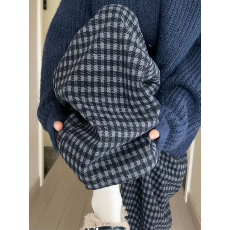 黑灰格子阔腿裤女2025新款秋冬加绒宽松复古慵懒风休闲毛呢直筒裤