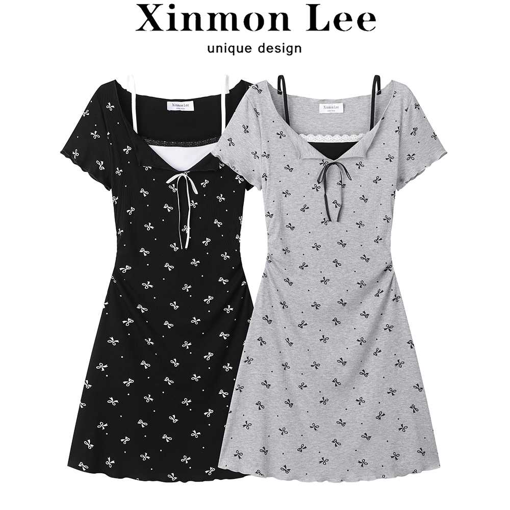 韩系修身假两件蝴蝶结印花连衣裙收腰显瘦包臀裙夏季女