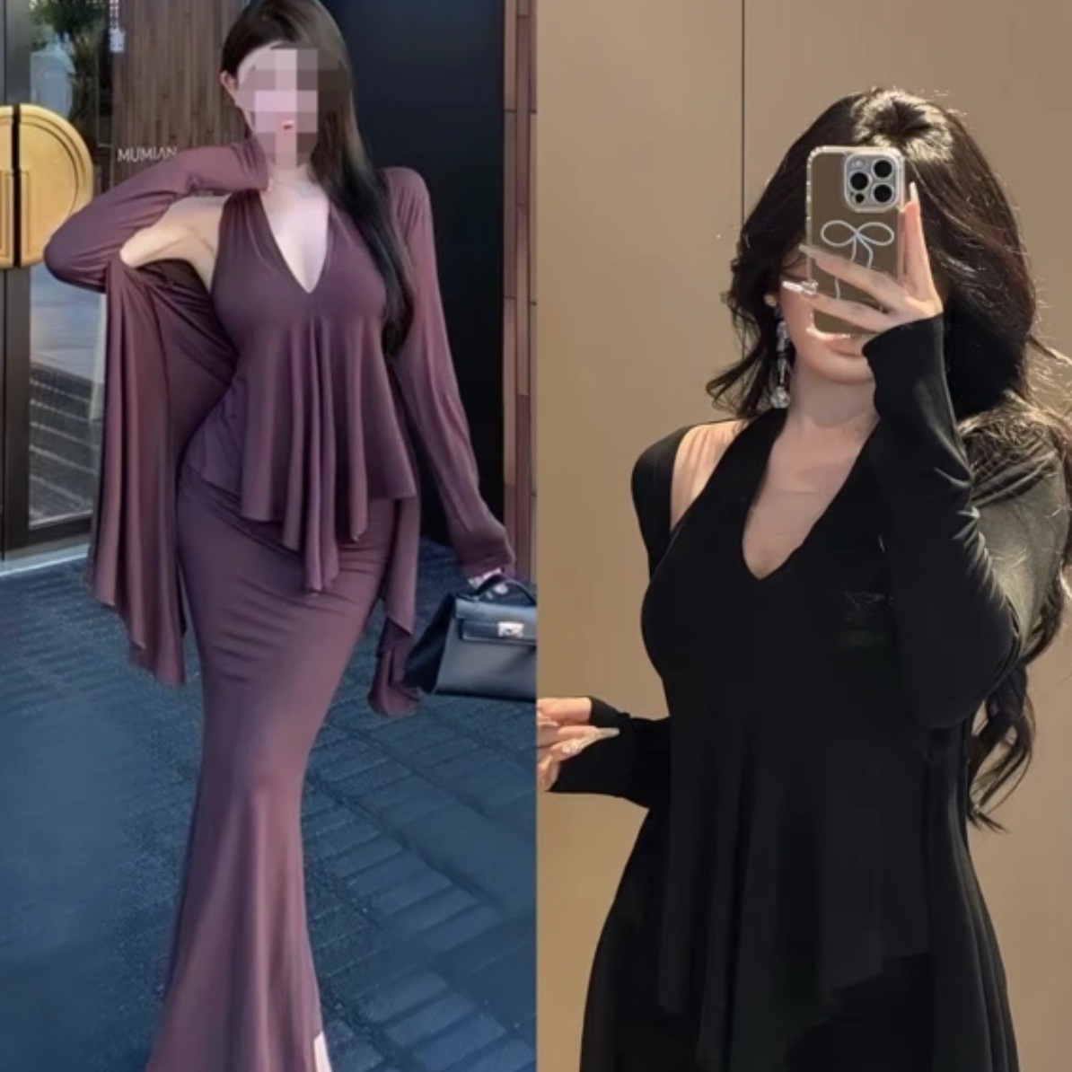 纯欲性感长袖开衫挂脖吊带包臀长裙时尚套装