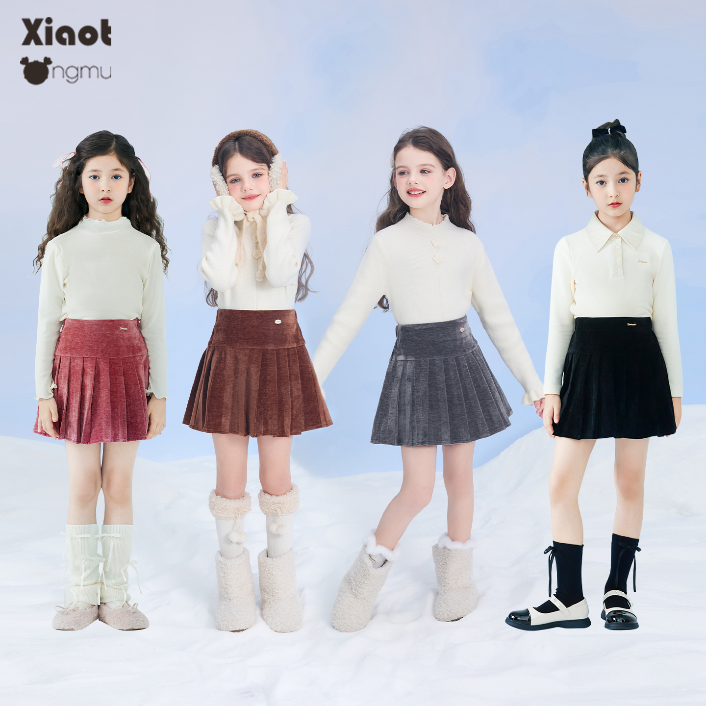 小童木 时髦百搭女童半身裙防走光秋冬新款女大童高腰丝绒百褶裙