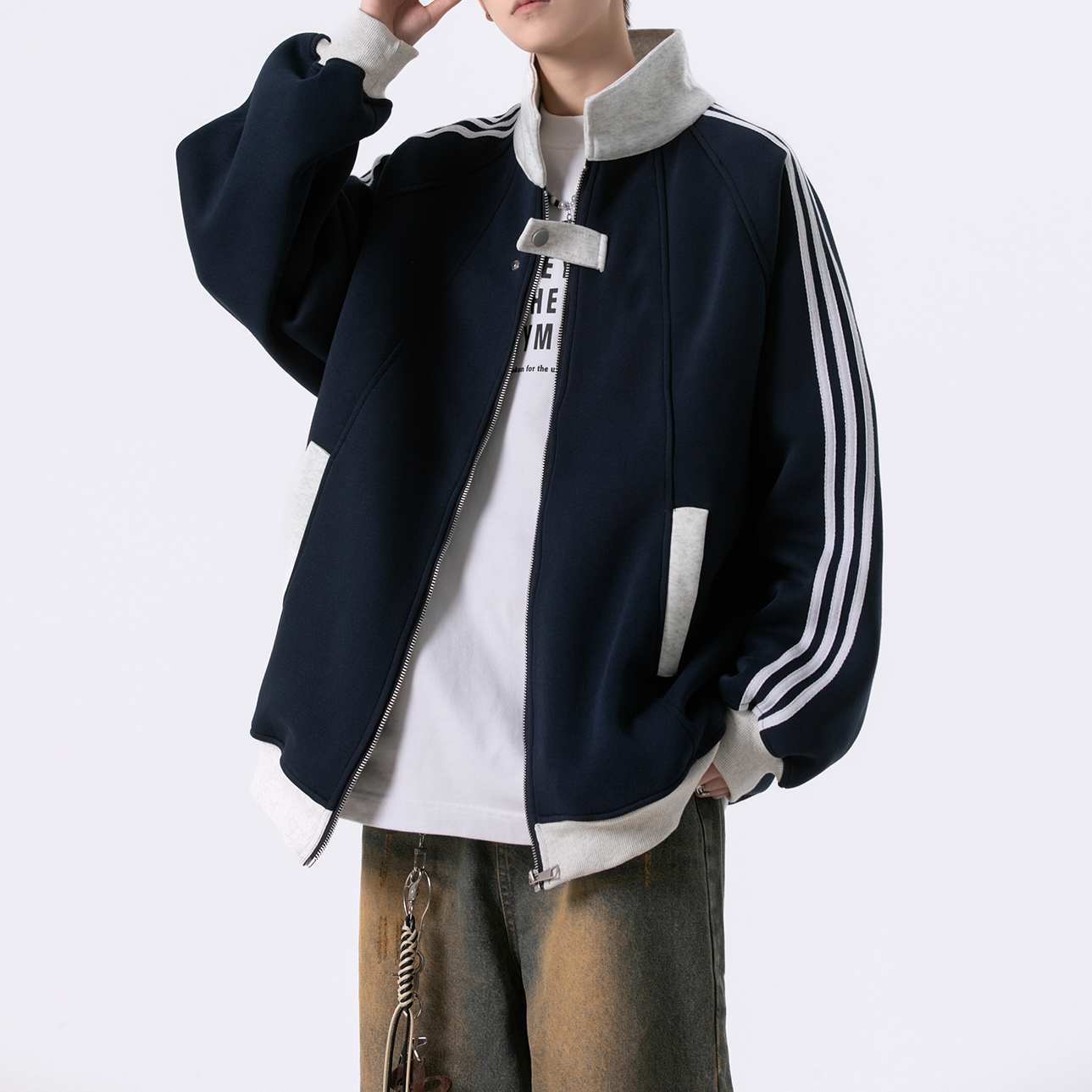 美式学院风开衫外套女侧边三条杠设计秋季新款情侣款时尚百搭卫衣