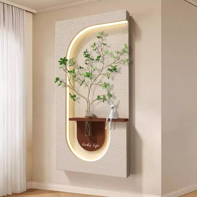 水培绿植入户玄关装饰画奶油风立体砂岩走廊过道尽头挂画客厅壁灯