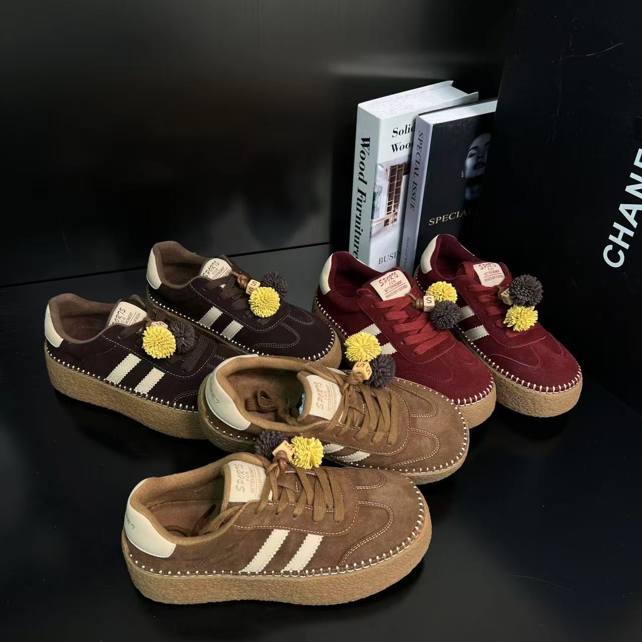 【松果乐园】加绒原创厚底圆头厚底棕色松果德训鞋休闲板鞋女5856