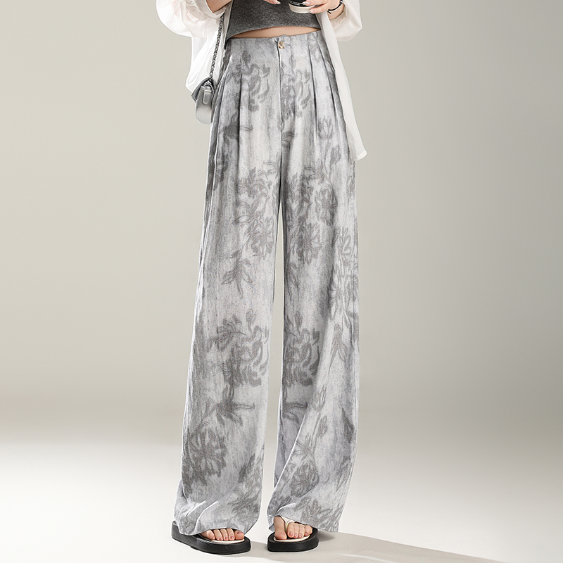 直筒水墨印花洋气亚麻裤子女高腰垂感2025夏天薄款休闲拖地阔腿裤