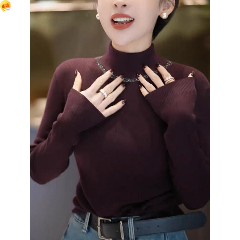 今年秋季新款时尚设计感气质修身显瘦半高领烫钻长袖毛针织衫上衣