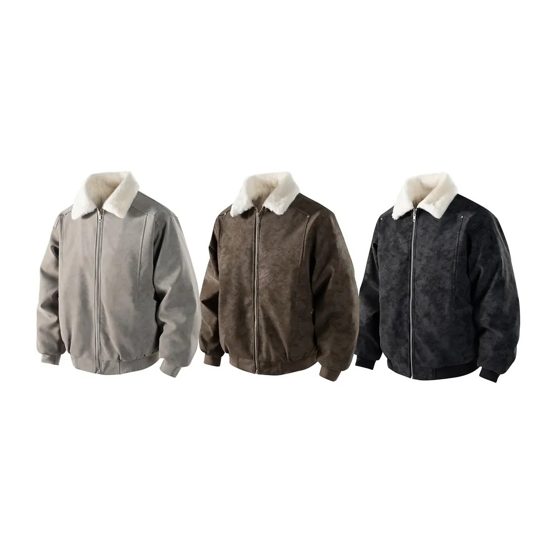 LIGGICC 毛领雾面PU皮夹克男加绒加厚棉服宽松保暖美拉德夹棉外套