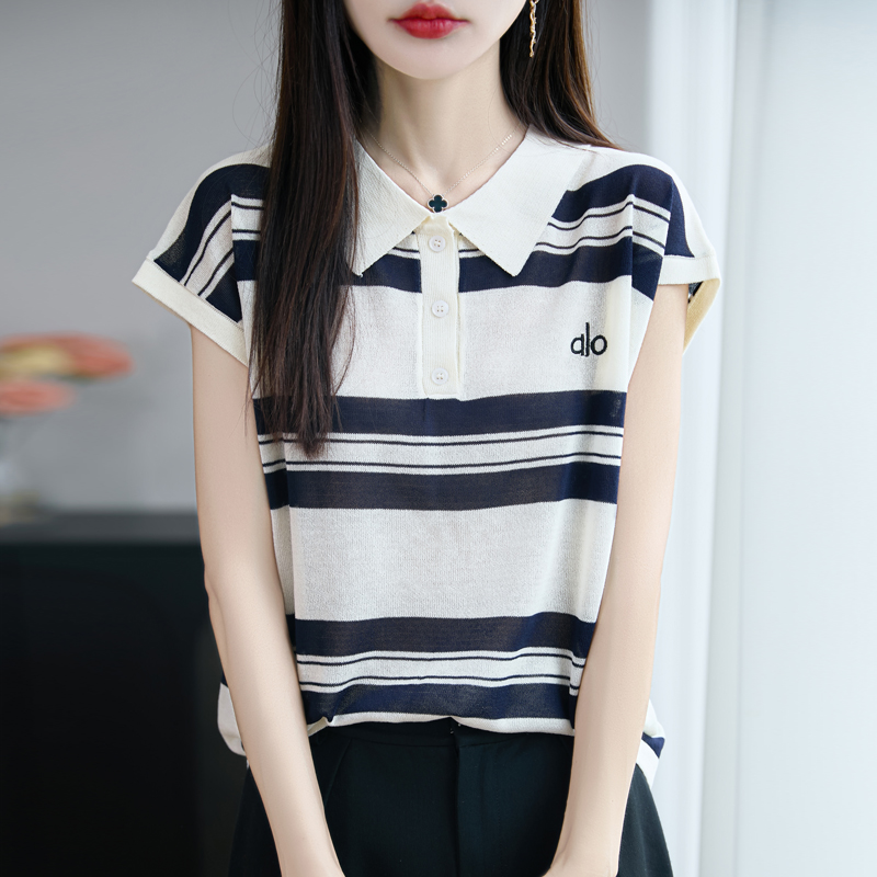 时尚品牌女装夏季新款翻领刺绣条纹针织T恤女薄款气质复古风上衣