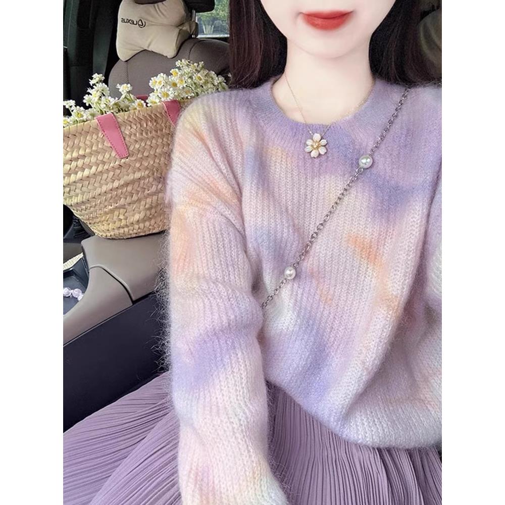 VOCKOO官方大码女装高级感洋气减龄渐变圆领毛衣女春秋软糯慵懒风