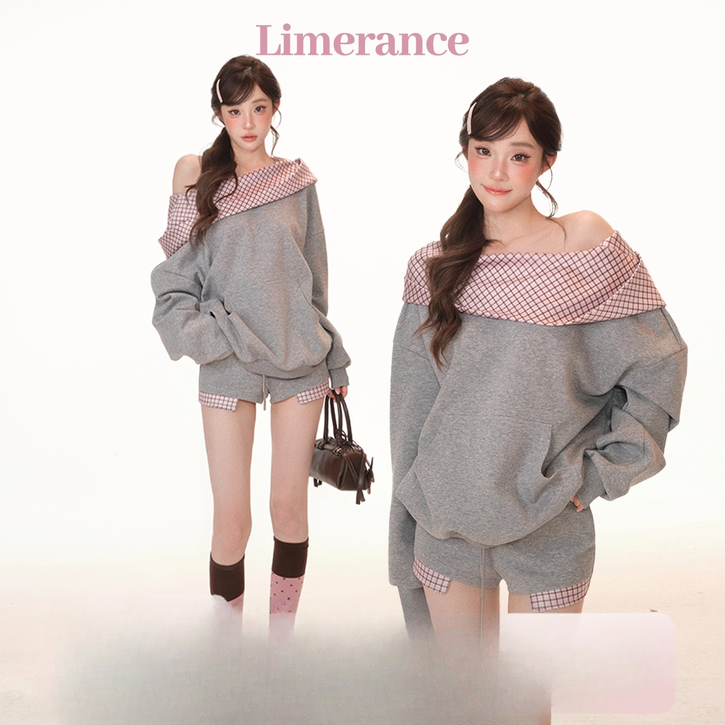 甜梨呆呆柏林甜茶 套装格子拼接灰色卫衣上衣+短裤两件套2164浪