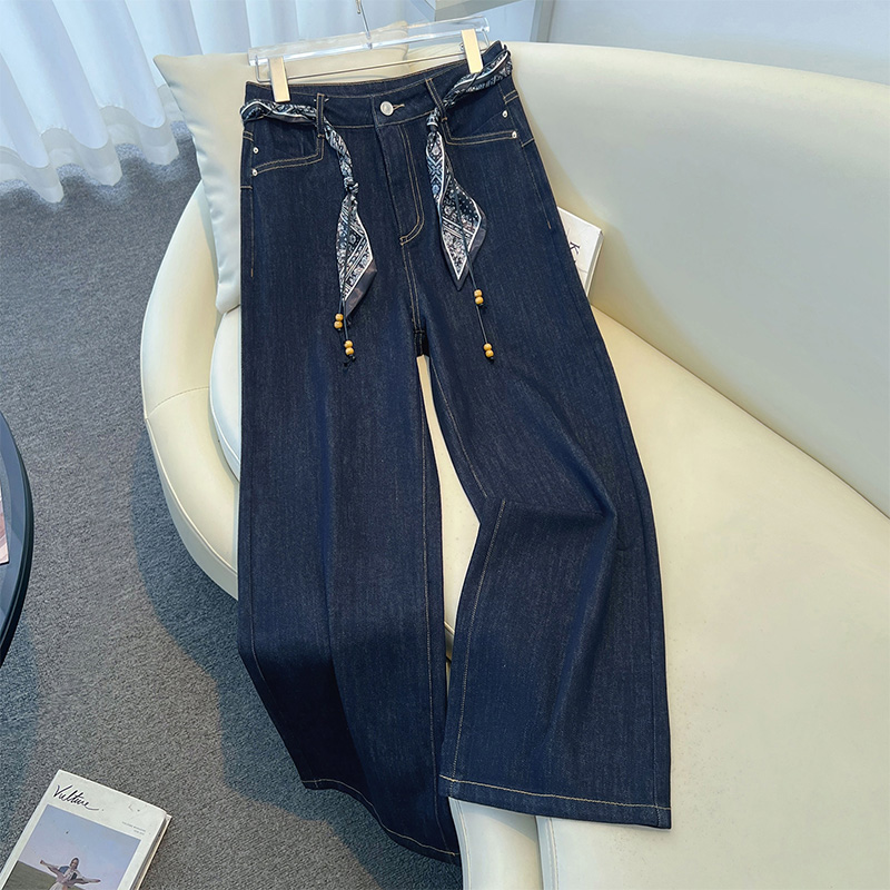 拉夏贝尔美式风系带直筒牛仔裤女2025秋季新款宽松百搭松弛感长裤