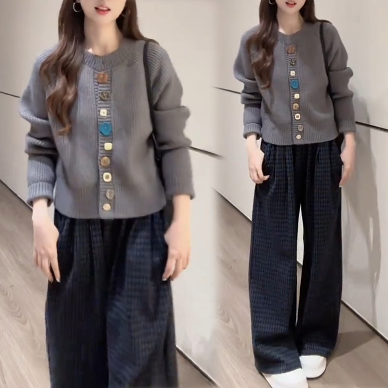 韩系氛围感穿搭早秋套装女2025新款慵懒气质时尚针织阔腿裤两件套