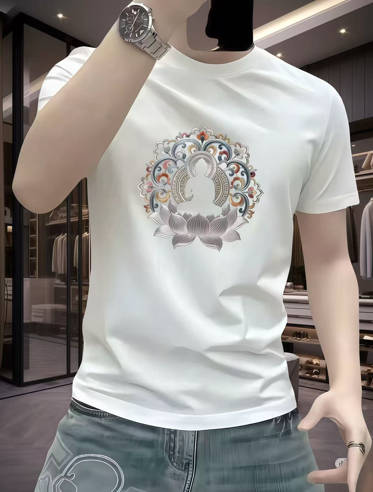 轻奢潮牌新款时尚潮流运动休闲男士百搭圆领弹力短袖体恤高品质