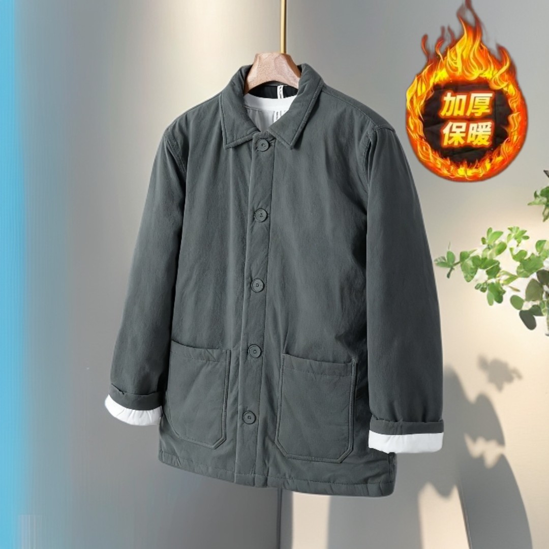 冬季中老年加厚保暖棉衣外套休闲时尚宽松纯色方领厚实长袖棉服男
