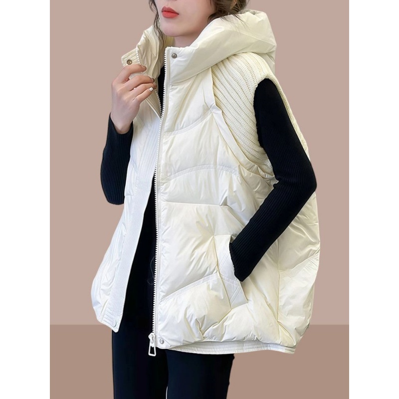 【300斤胖妹妹】秋冬设计感宽松轻奢减龄无袖拼接针织连帽棉服马夹