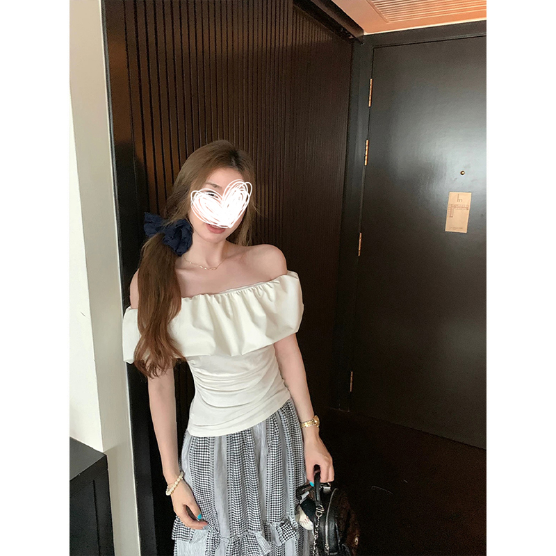 Moses Queen/魔西女王法式一字肩露短袖t恤女夏氛围感荷叶边上衣