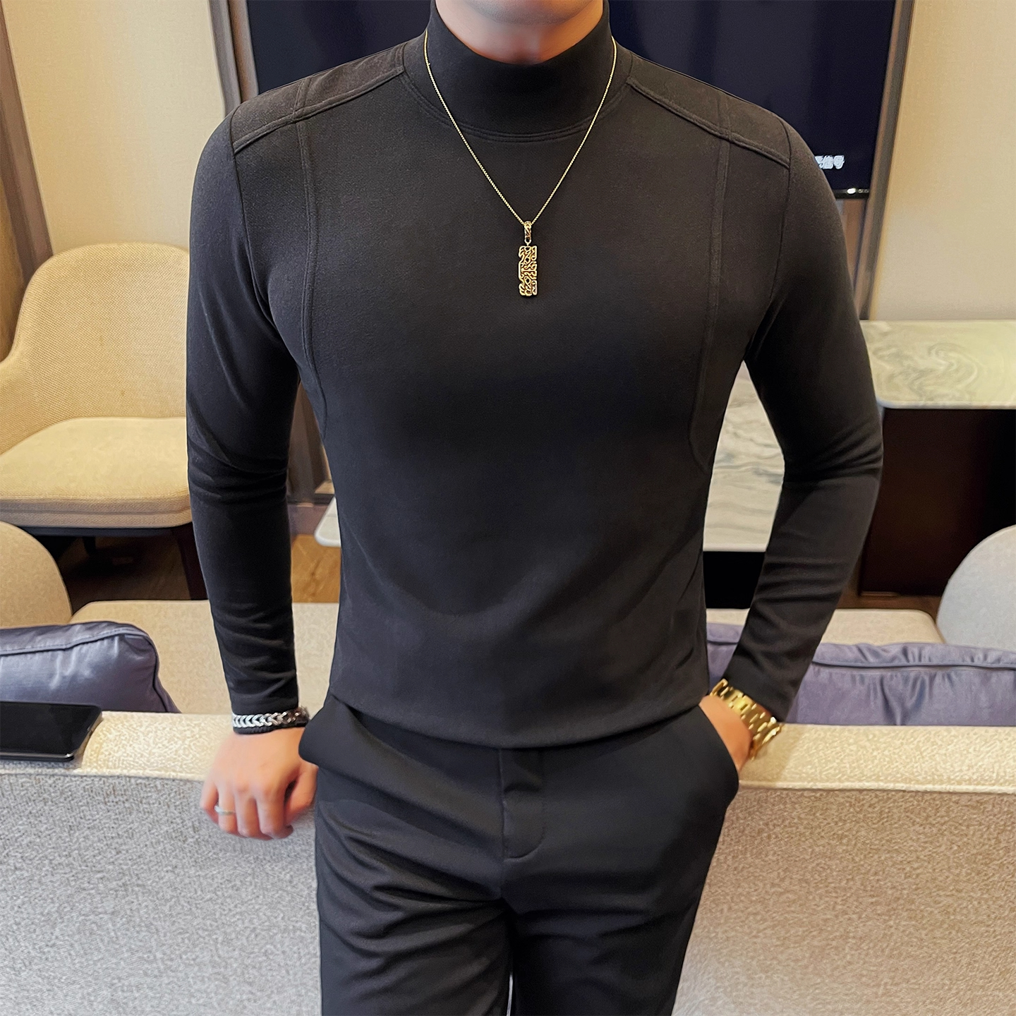 长袖秋冬男磨毛德绒保暖中领内搭秋冬季修身双面绒半高领打底衫潮