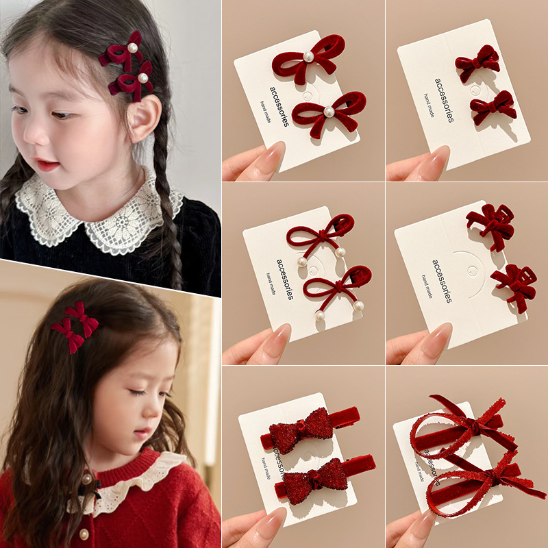 儿童红色蝴蝶结发夹2025新款高级感侧边刘海夹女童新年小发卡头饰