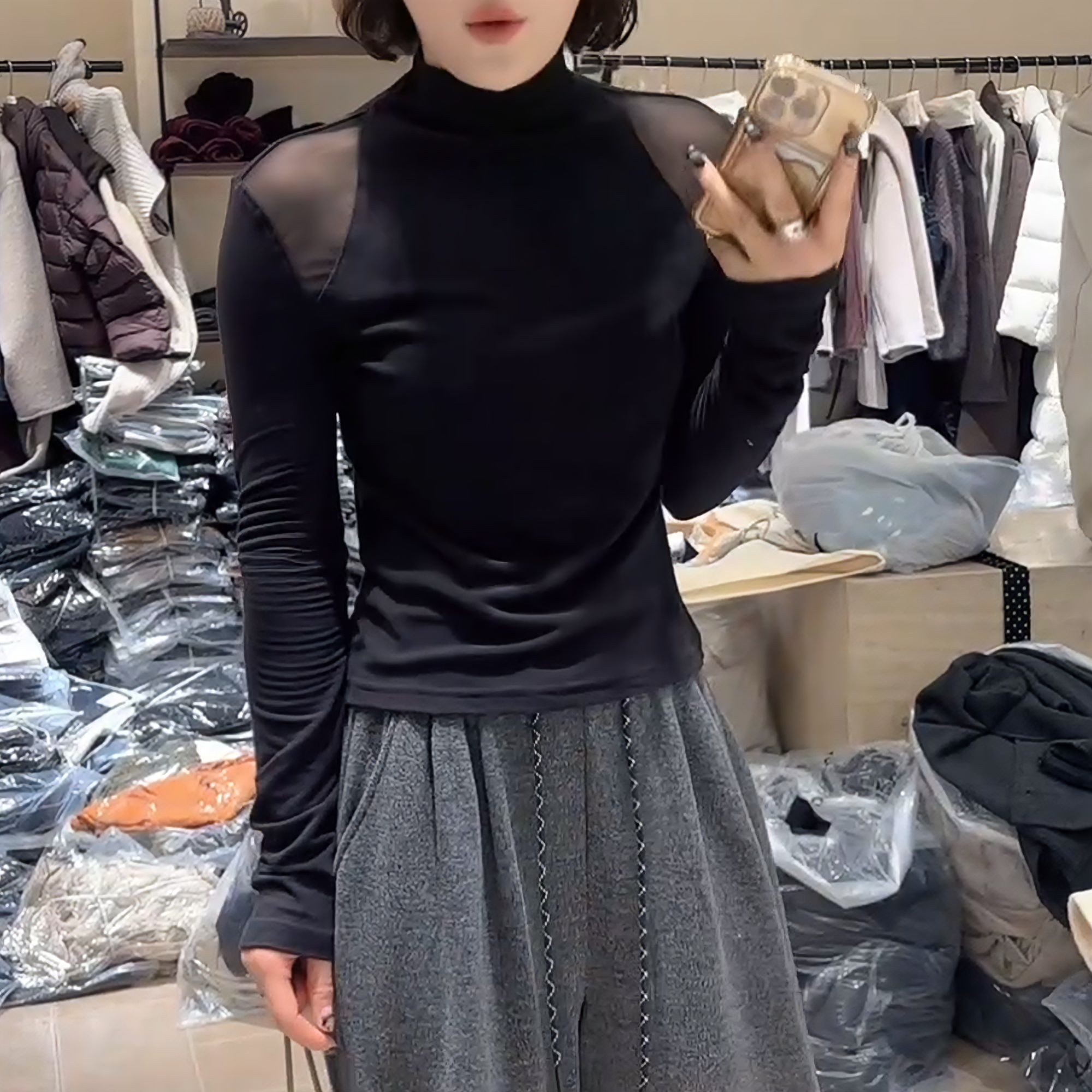 2025秋冬新款气质上衣韩版纯欲风网纱露肩打底T恤女LK2507133