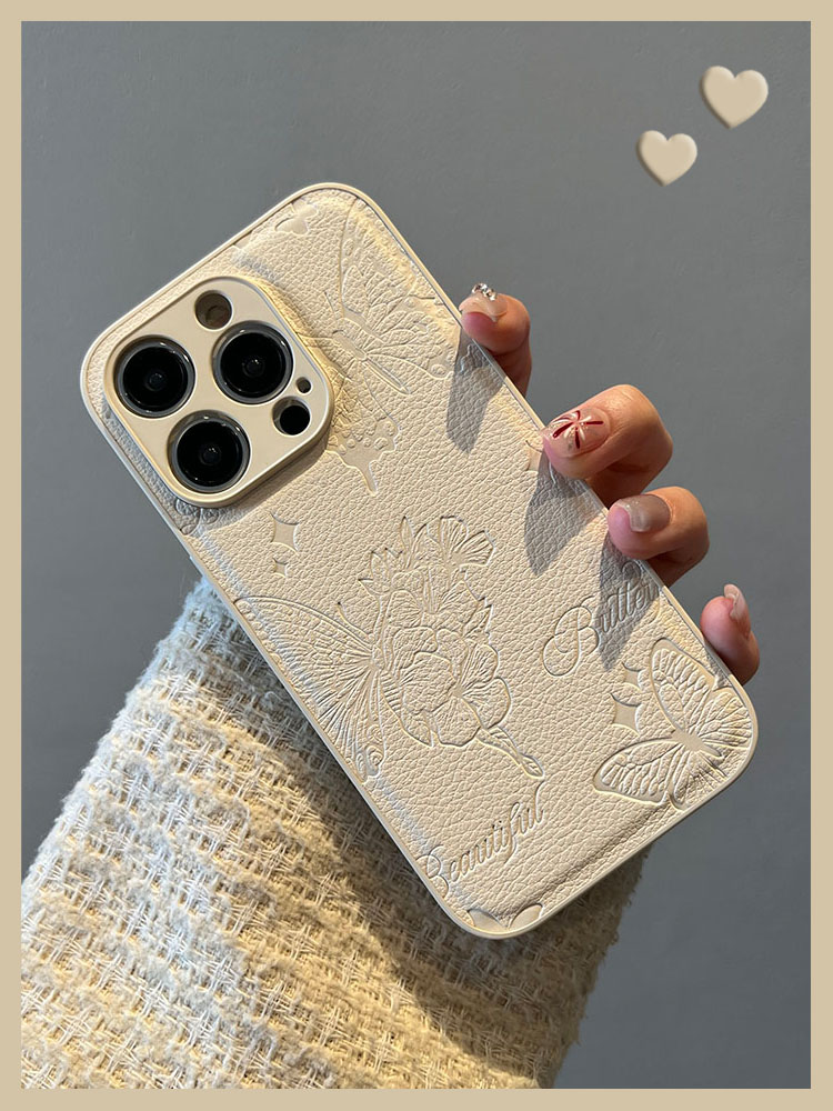 简约蝴蝶花皮质白色适用苹果16手机壳iPhone15promax手机壳14/13