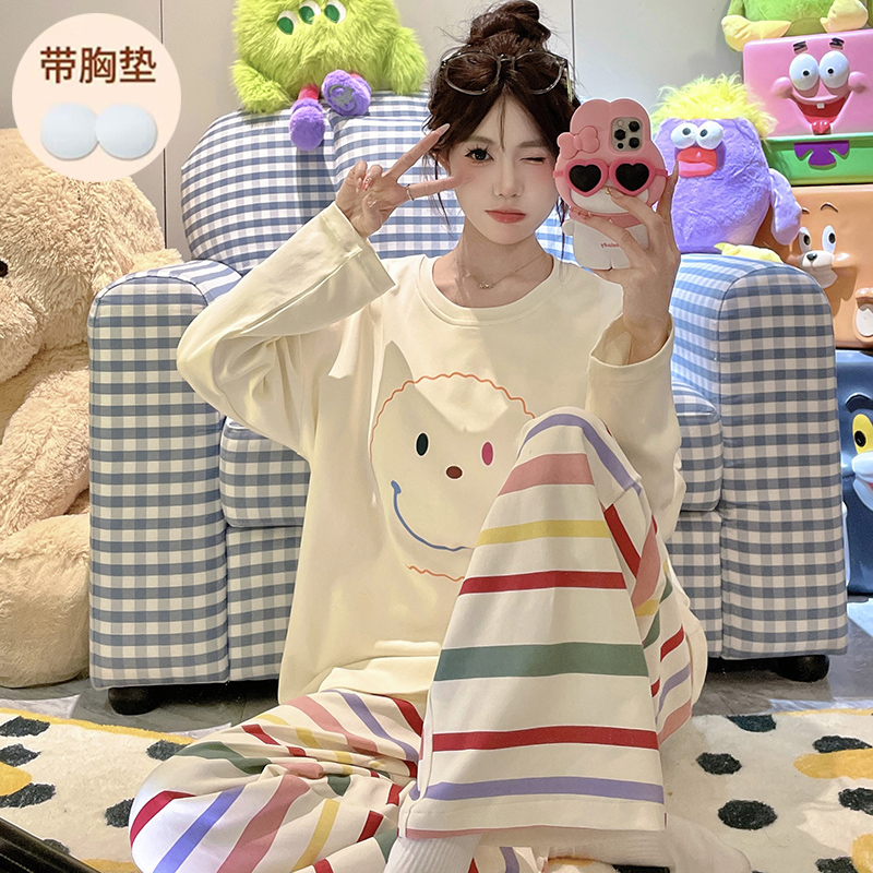 带胸垫睡衣女款春秋季长袖套装可爱卡通笑脸学生休闲可外穿家居服