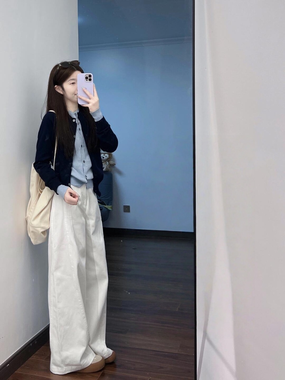 【微风午后】秋季时尚假两件针织开衫气质甜美白色直筒牛仔裤两件套