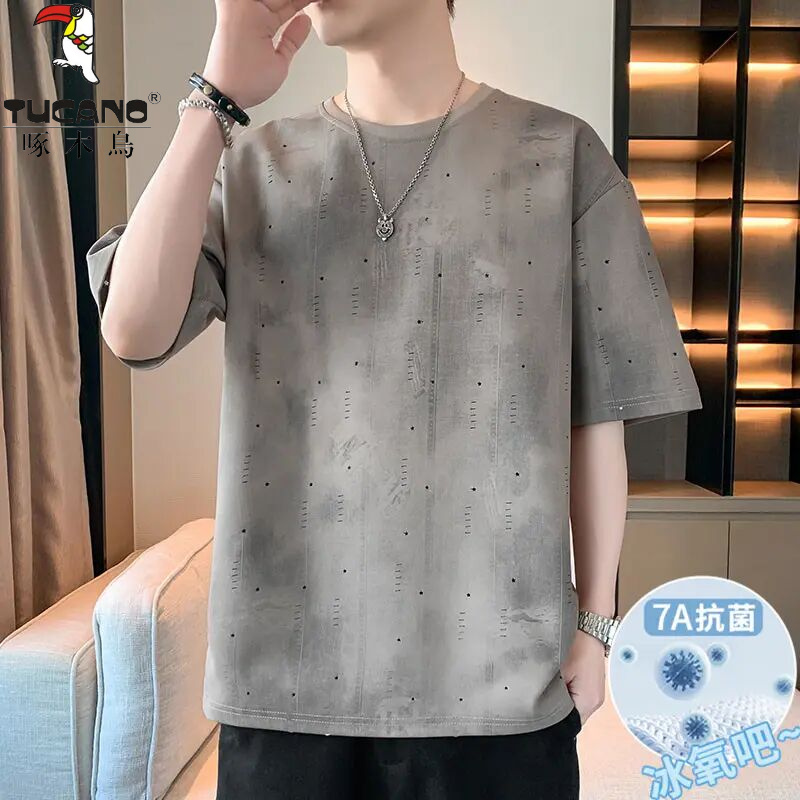 啄木鸟短袖T恤男士夏季薄款透气冰感宽松休闲潮流运动7A抗菌体恤