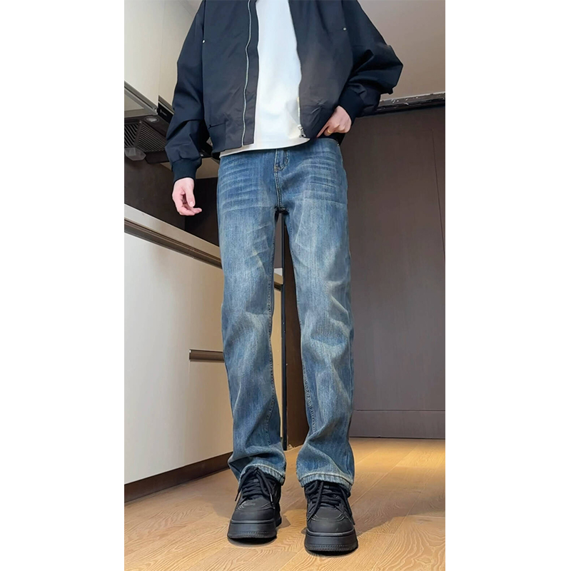 秋冬美式潮牌复古水洗直筒牛仔裤男士加绒加厚宽松显瘦保暖休闲裤